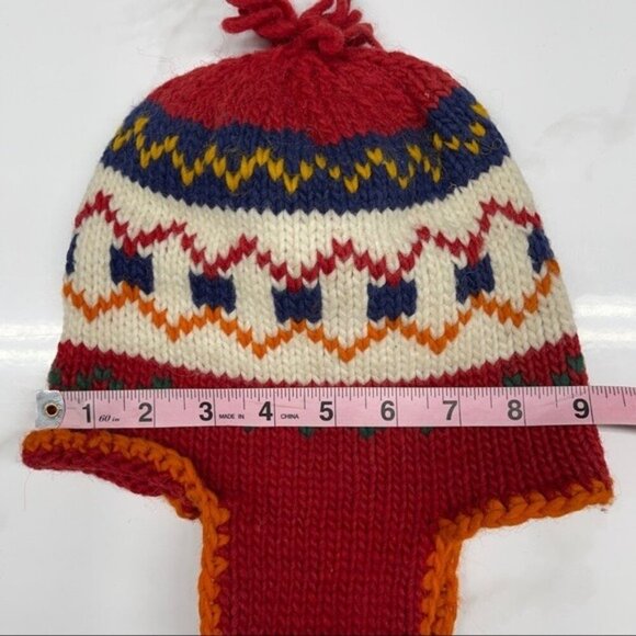Pure Wool Hand Knitted Red Multicolored Ear Flaps Winter Hat Toboggan Beanie - Picture 4 of 5